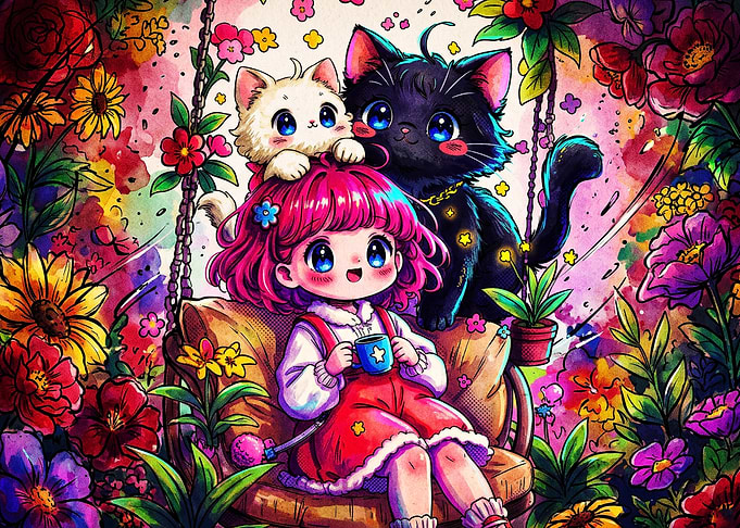 Anime Girl Cats Floral Watercolor A