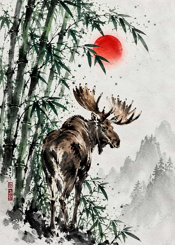 Moose in Bamboo Forest Ink Painting