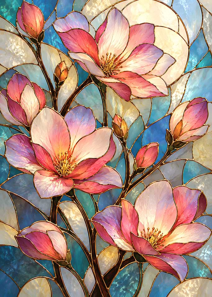 Stained Glass Magnolia Floral Art