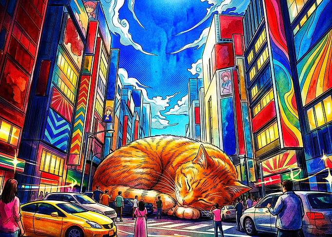 Giant Cat Tokyo City Anime Art