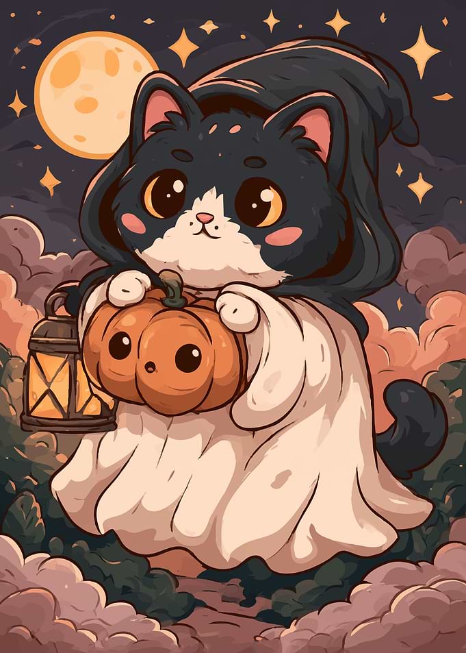 Cute Cat Ghost Halloween Illustration
