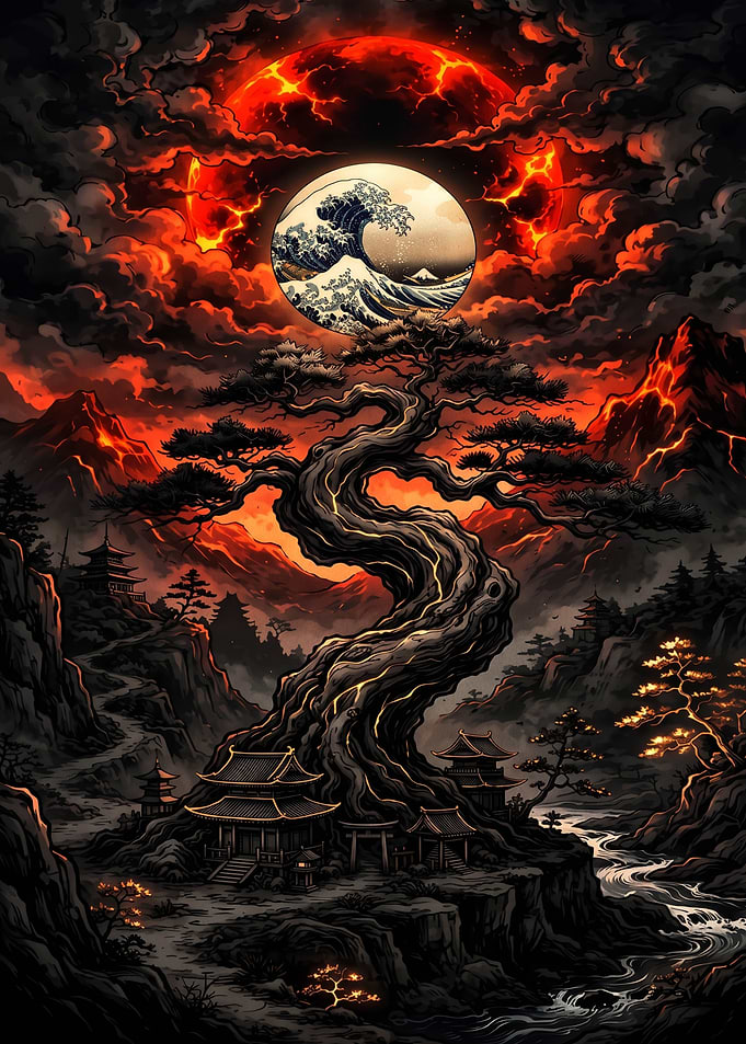 Ethereal Bonsai Under Fiery Moon