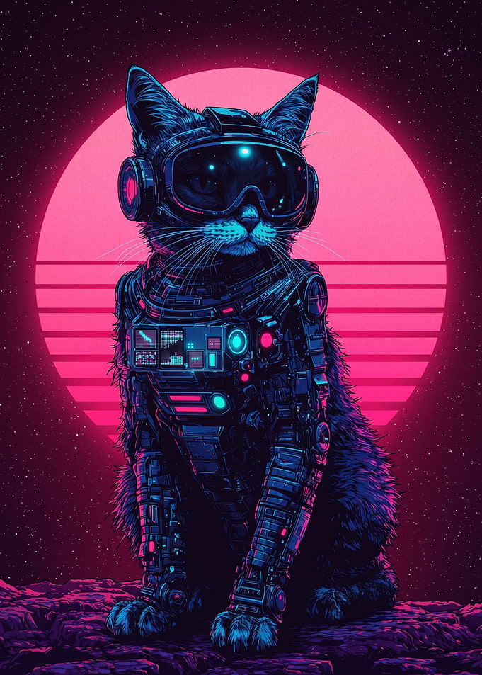 Cybernetic Astronaut Cat in Synthwave Style