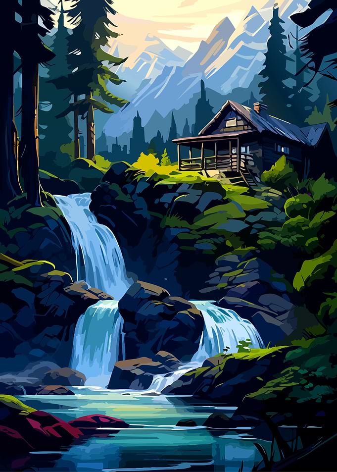 Cabin by a Mountain Waterfall