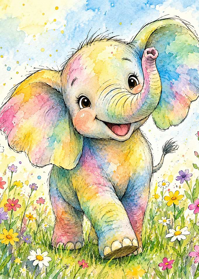 Watercolor Rainbow Baby Elephant
