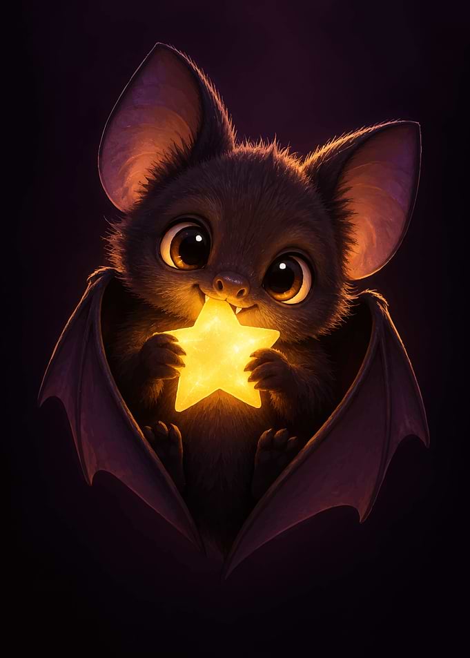Cute Baby Bat Holding Glowing Star