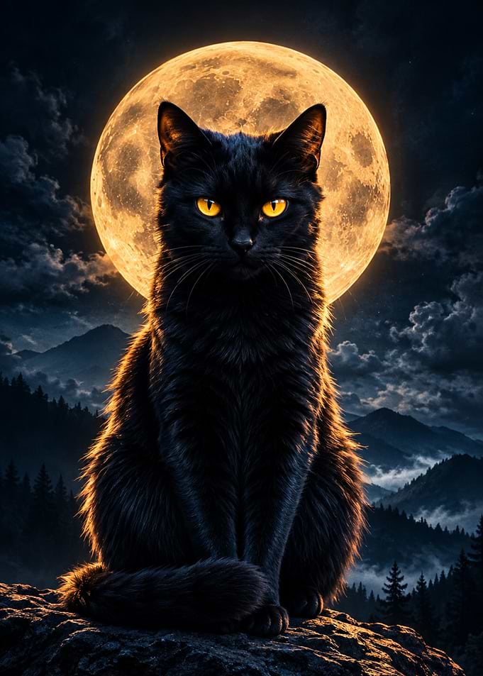 Black Cat Under Full Moon