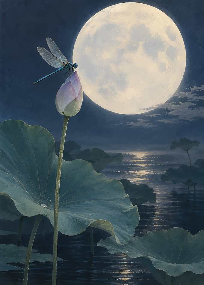 Dragonfly on Lotus Under Full Moon
