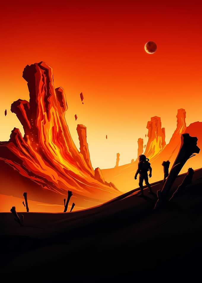 Astronaut Exploring a Fiery Alien Planet