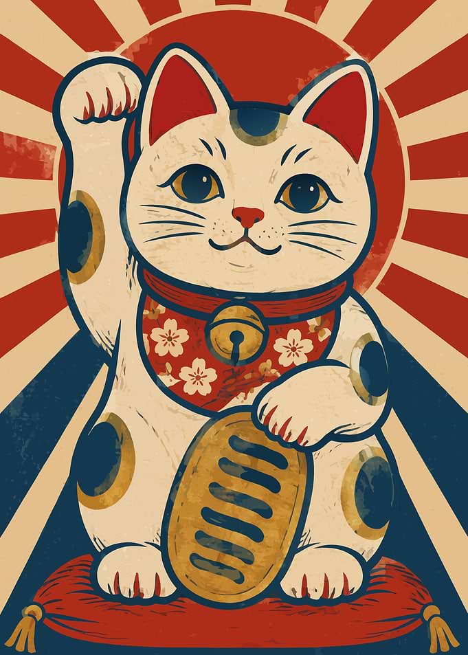 Japanese Maneki-neko Lucky Cat Ukiyo-e Metal Poster, No Text