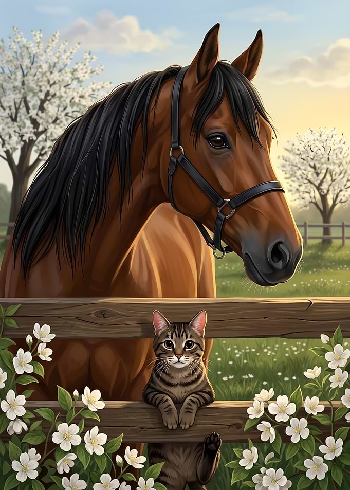 Horse and Tabby Cat in Spring