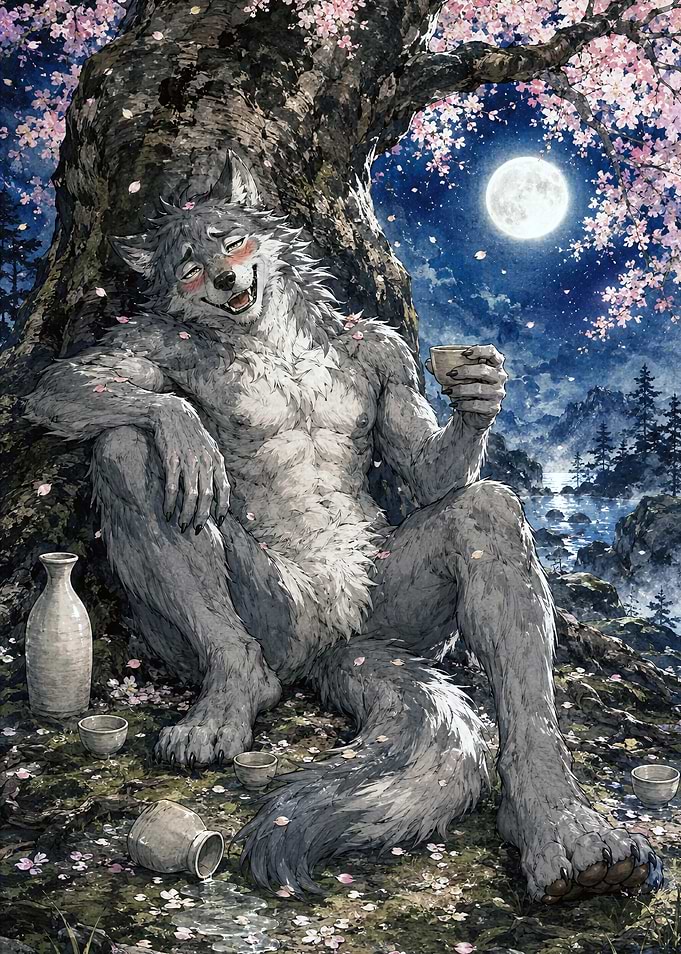 Anthropomorphic Wolf Relaxing Under Cherry Blossoms