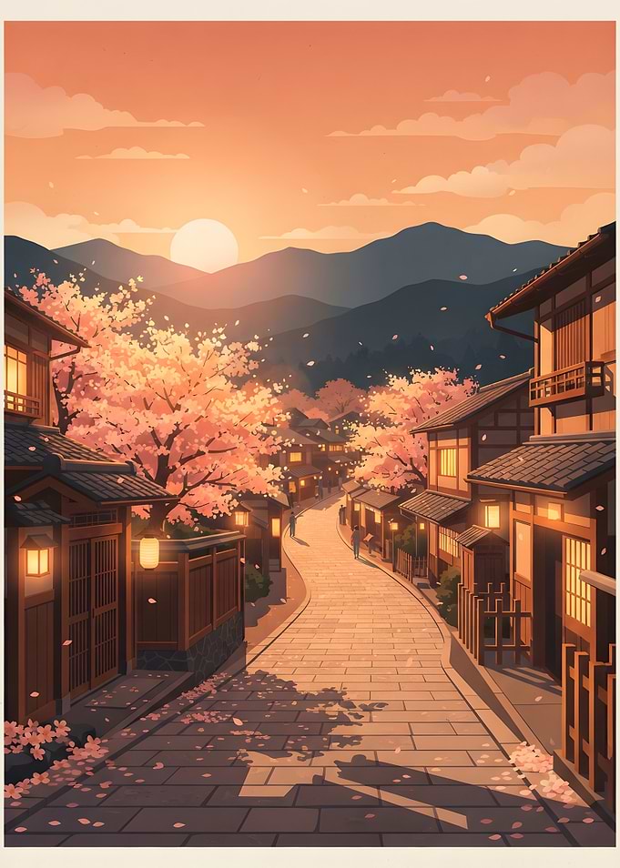 Sunset in a Traditional Japanese Village