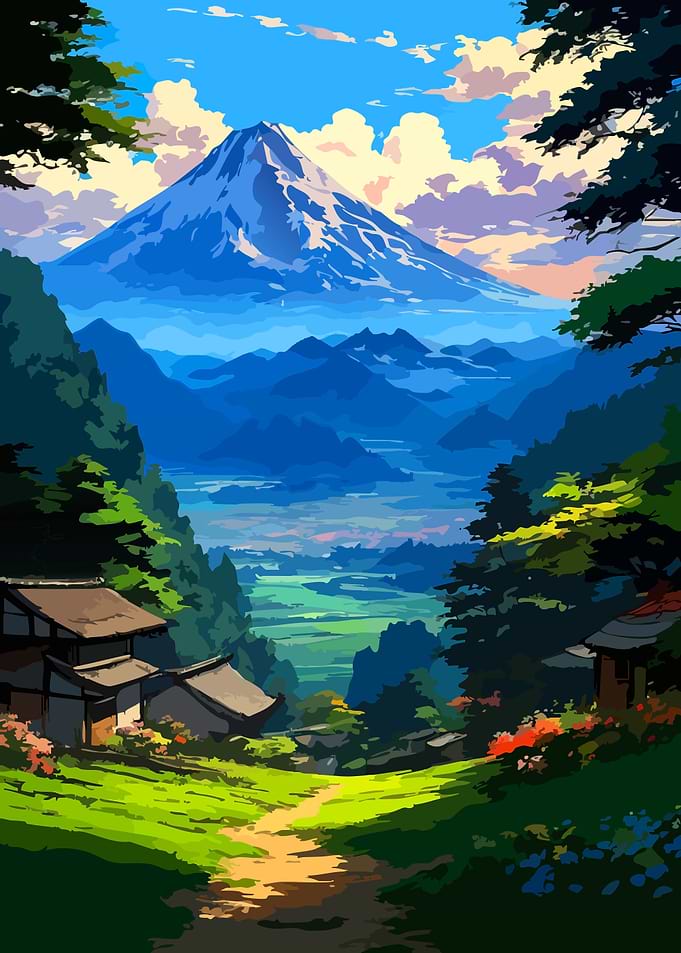 Mount Fuji Landscape with Traditional Village