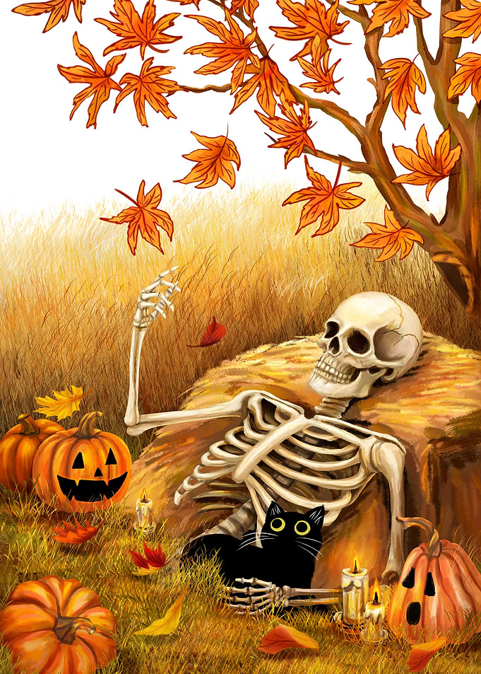Black Cat & Skeleton in Pumpkin Field – Golden Autumn Light | Halloween Wall Art