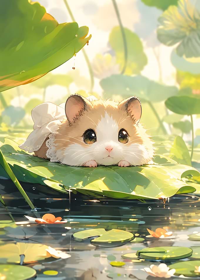 Cute Little Hamster On Lotus Leaf