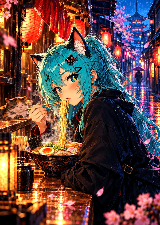 Anime Cat Girl Eating Ramen