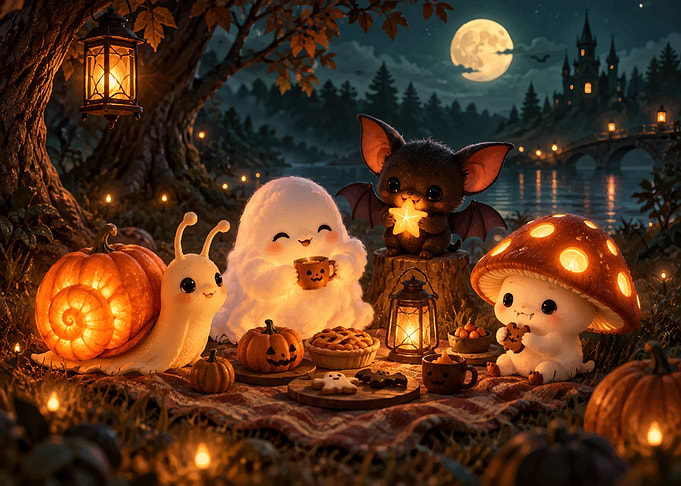 Cute Halloween Picnic with Magical Creatures