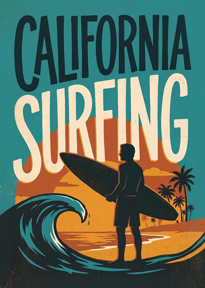 Vintage California Surfing Poster | Retro Beach Wall Art Print & Coastal Decor