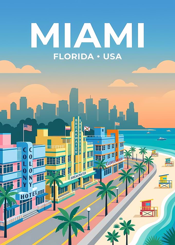 Miami Florida Art Deco Travel Poster