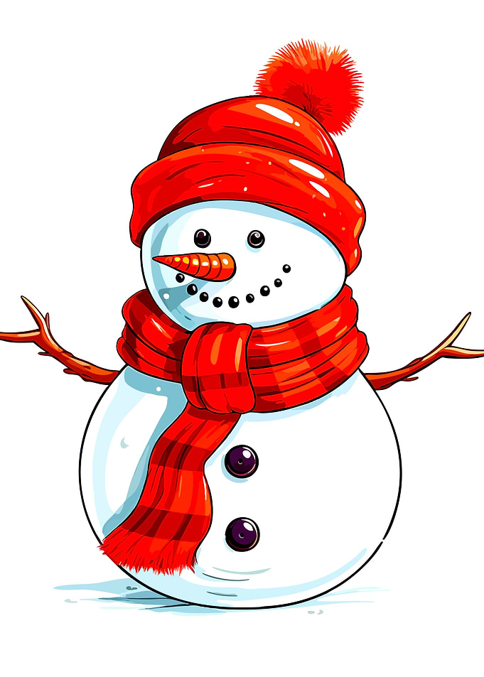 Cheerful Cartoon Snowman in Red Accessories