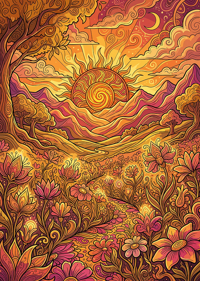 Vibrant Psychedelic Sunset Floral Landscape