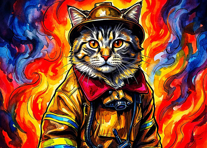 Firefighter Cat Watercolor Poster