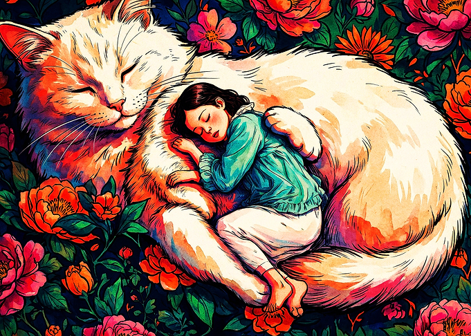 Giant Cat Girl Floral Cozy Art