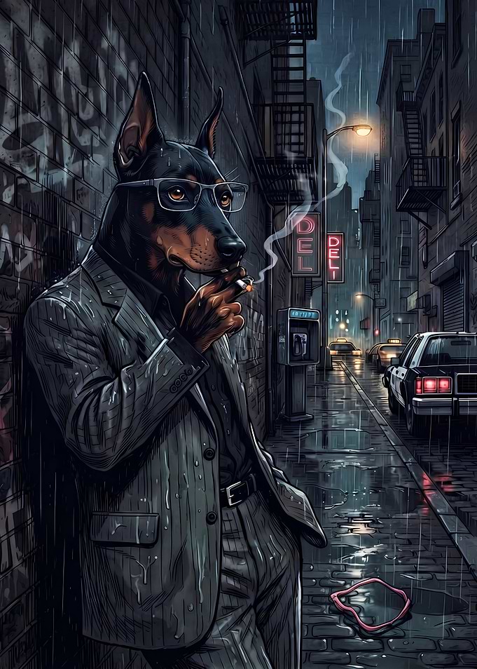 Detective Doberman in Rainy Alley