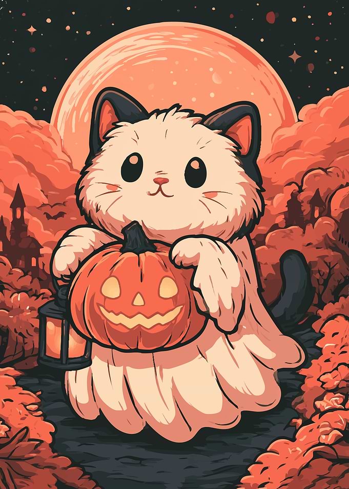 Cute Ghost Cat Halloween Illustration
