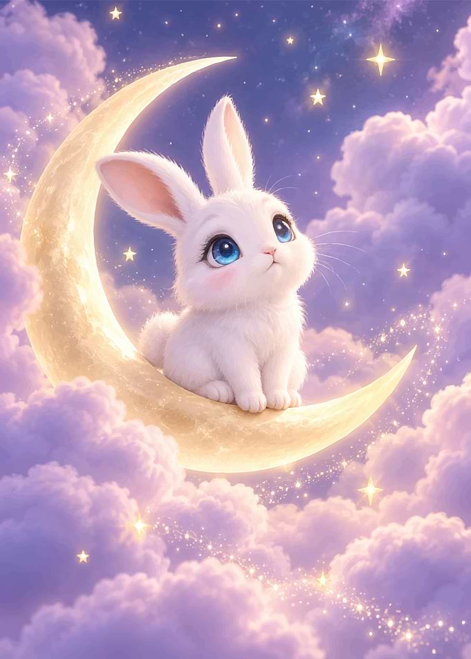 Cute Bunny Sitting on Crescent Moon