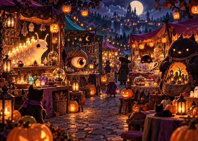 Whimsical Halloween Night Market Scene