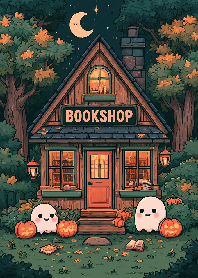 Cozy Halloween Bookshop with Cute Ghosts