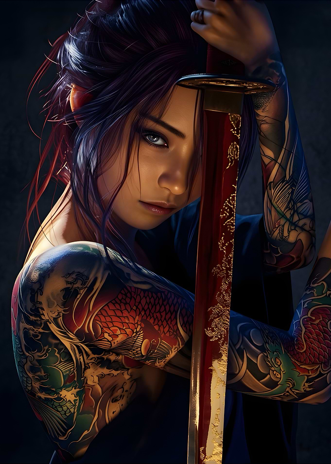 Tattooed Woman Holding Katana Sword