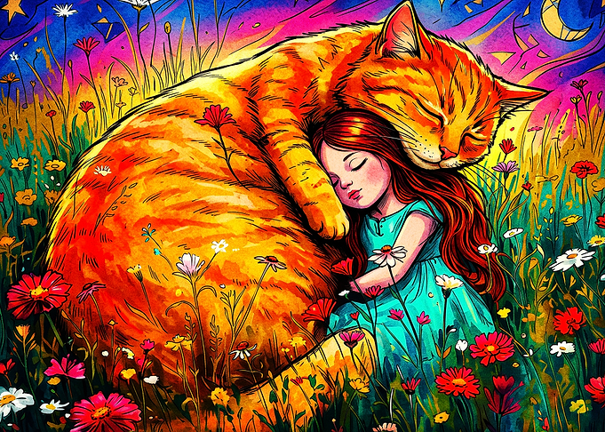 Cat Girl Hugs Rainbow Floral Art