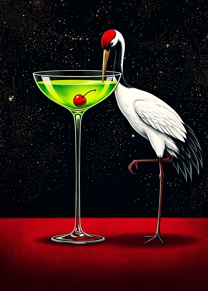 Red-Crowned Crane Drinking a Cocktail
