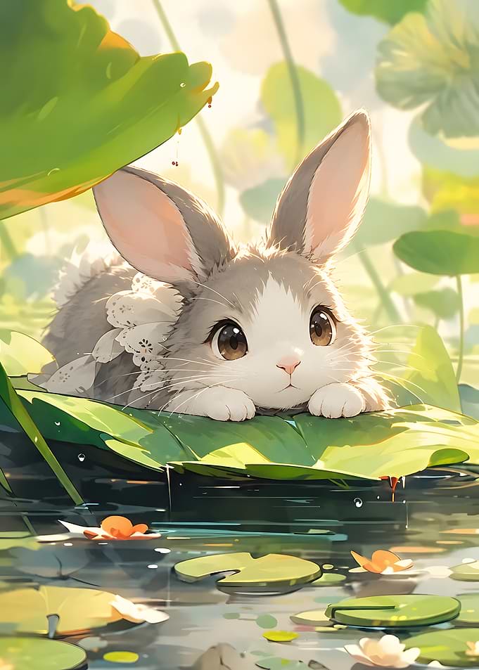 Cute Little Bunny On Lotus Leaf