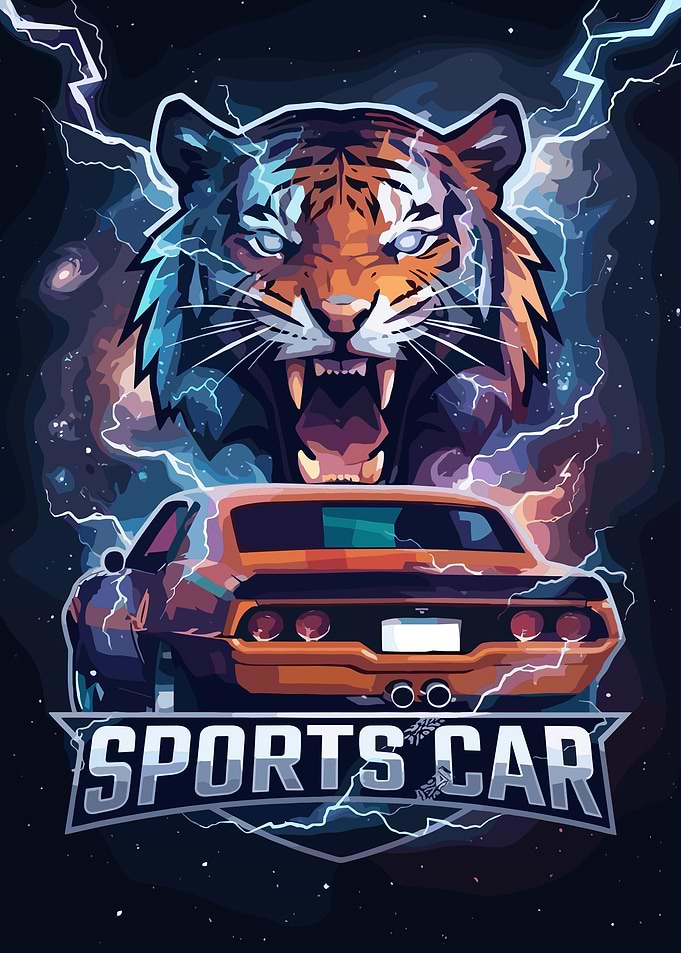 Tiger and Muscle Car Poster