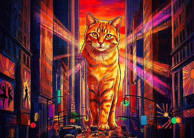 Giant Cat City Skyline Psychedelic