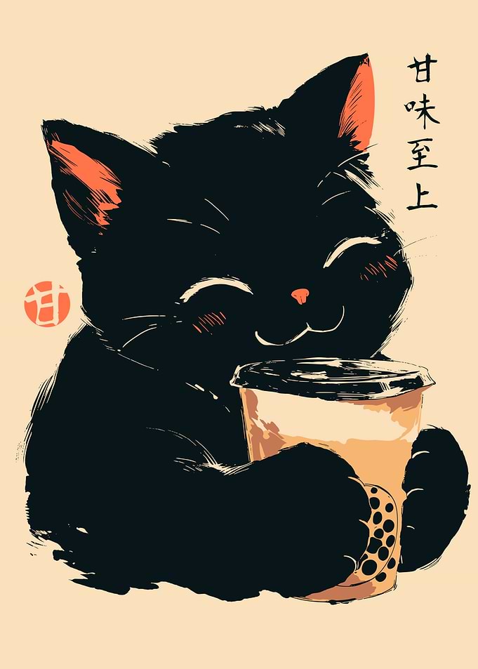 Cute Boba Cat Japanese Retro Milk Tea