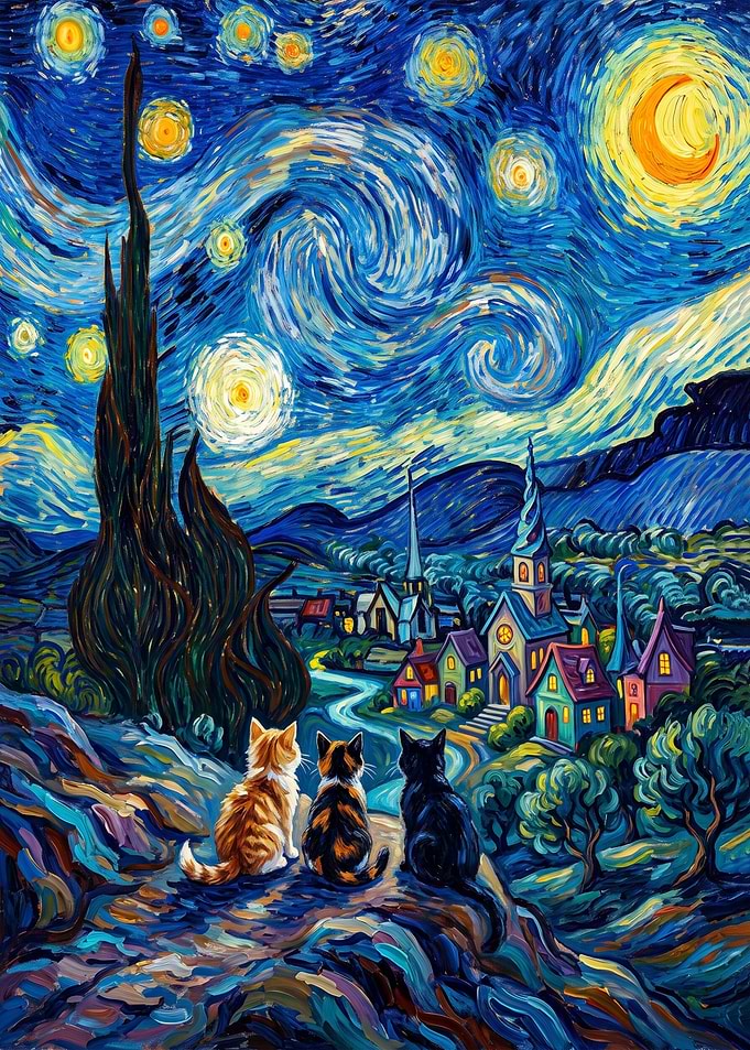 Cats Watching Starry Night Painting