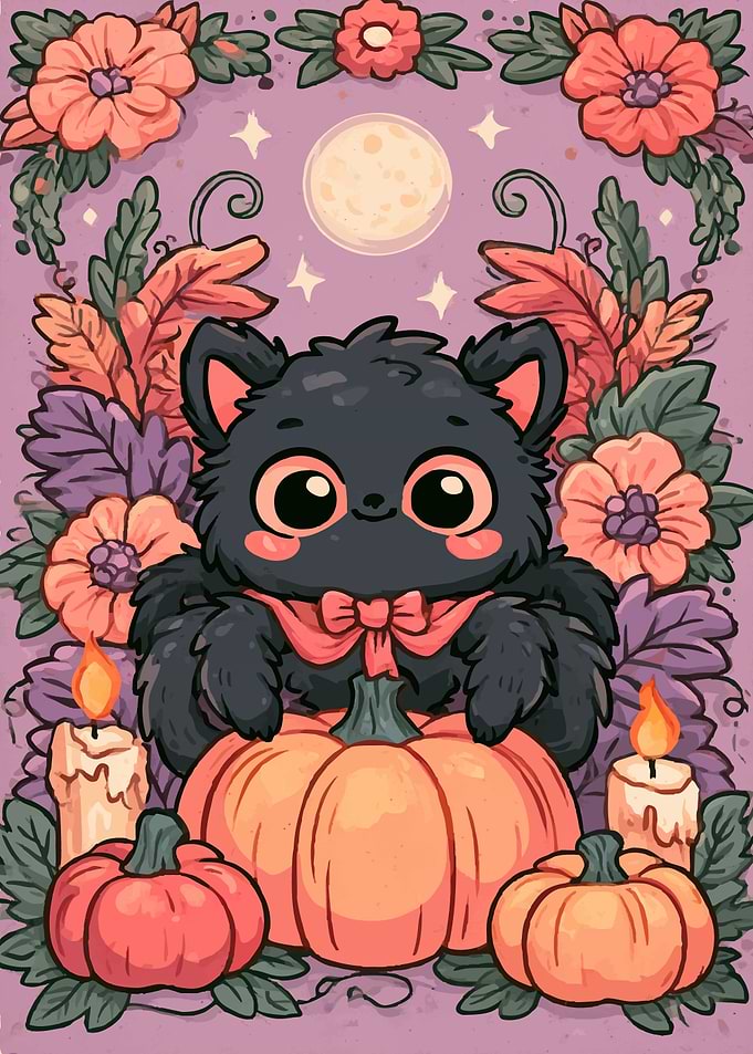 Cute Halloween Black Cat and Pumpkins
