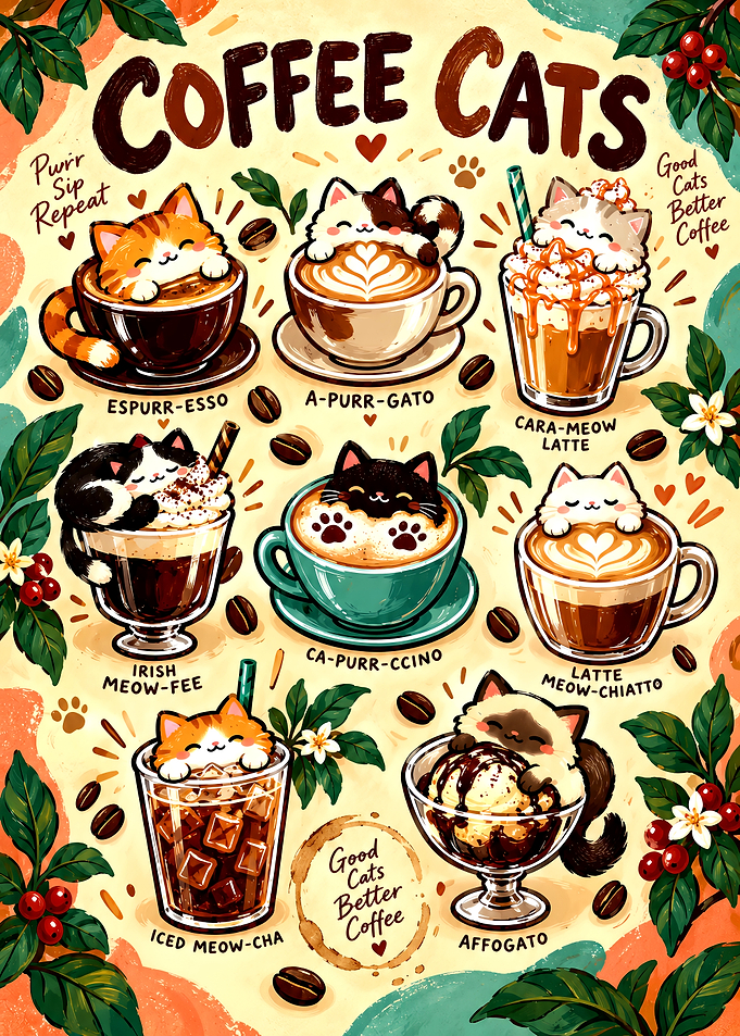 Coffee Cats Illustrated Menu Poster