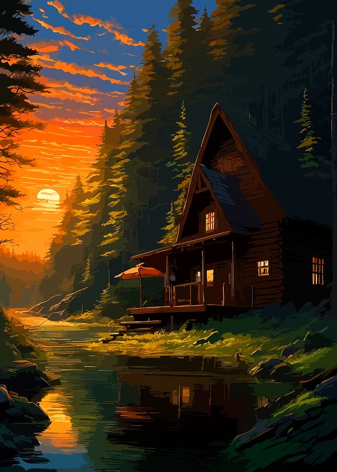 Cozy Cabin by the River Sunset