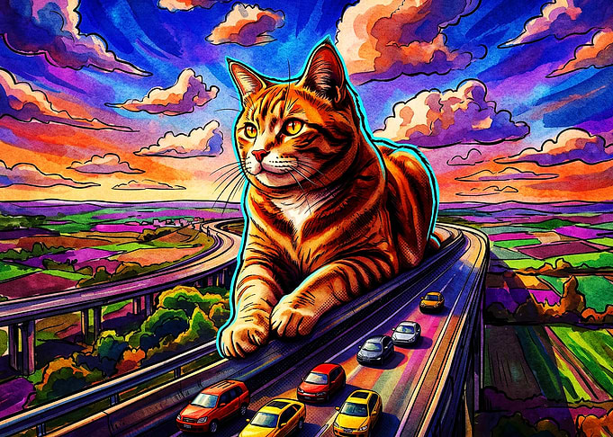 Giant Cat Highway Sunset Art