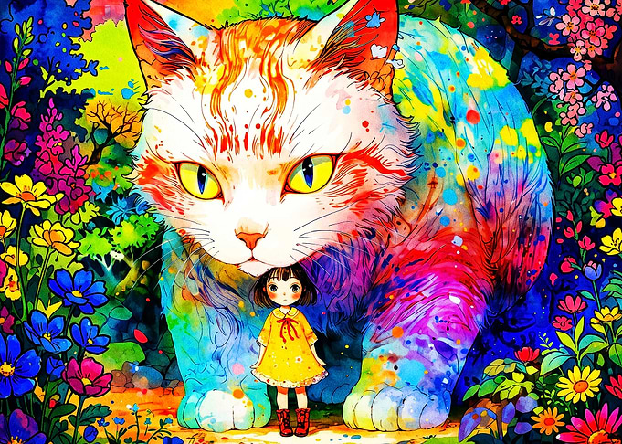 Giant Cat Girl Garden Rainbow Art