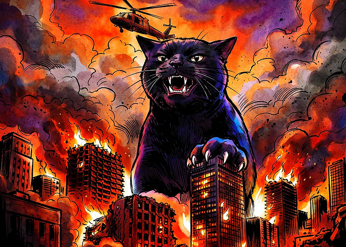 Giant Cat City Attack Retro Art