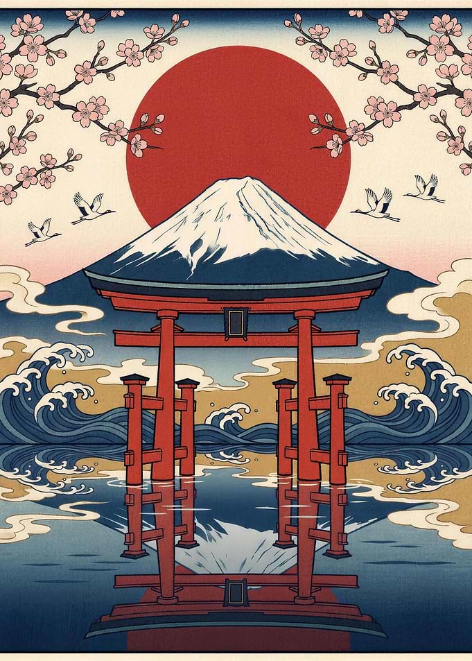 Torii Gate & Mount Fuji Sunrise - Japanese Ukiyo-e