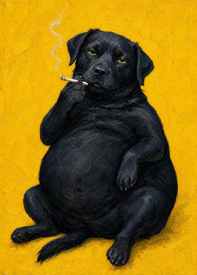 Smoking Black Dog on Yellow Background