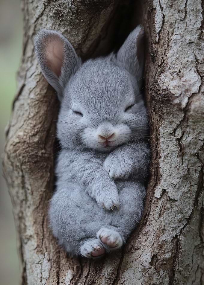 Sleeping Baby Bunny in Tree Hollow
